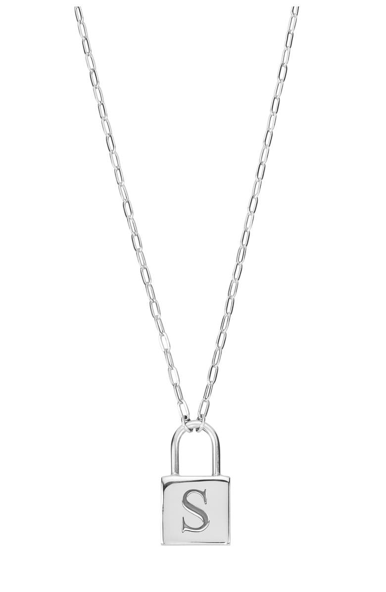 ATHRA LUXE Personalized Initial Lock Pendant Necklace, Main, color, Silver