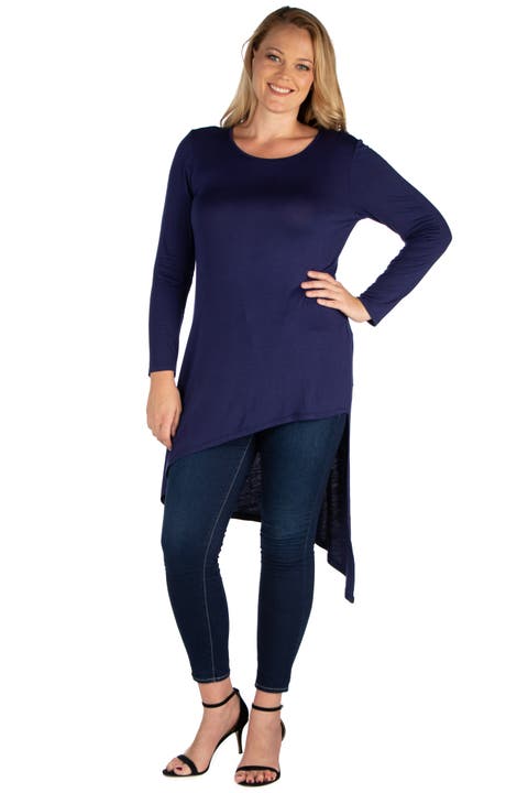 Plus Size Long Sleeve Knee Length Asymmetrical  Tunic Top