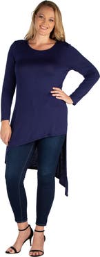 24seven Comfort Apparel Plus Size Long Sleeve Knee Length Asymmetrical Tunic Top