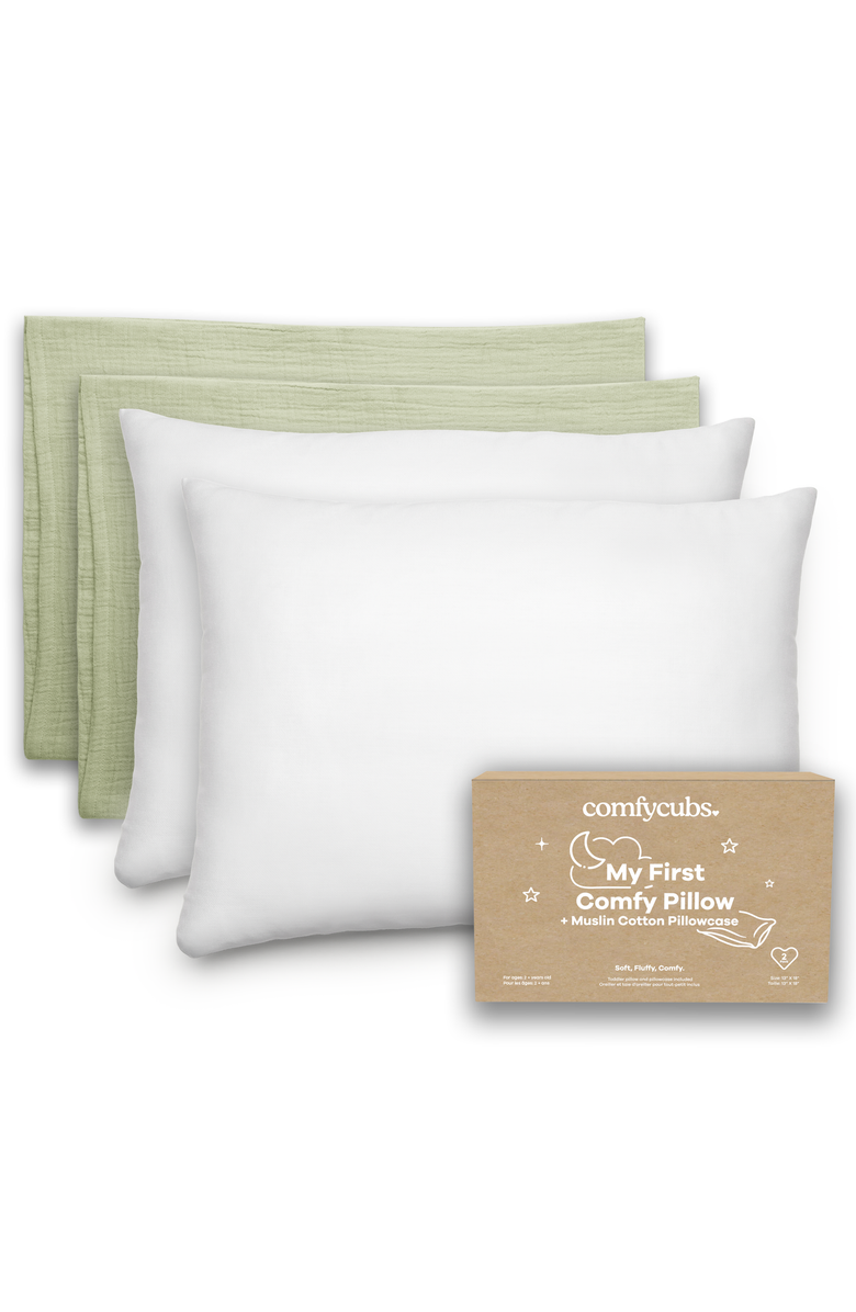Comfy Cubs Toddler Pillows with Soft Muslin Pillow Case, Pack of 2, Main, color, Sage
