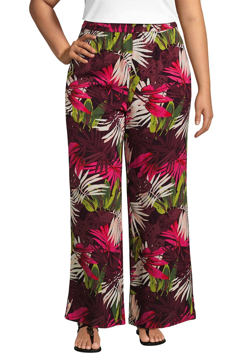 Rayon High Rise Wide Leg Pants - Set Bottom, Main, color, Rich Burgundy Tropical Palm