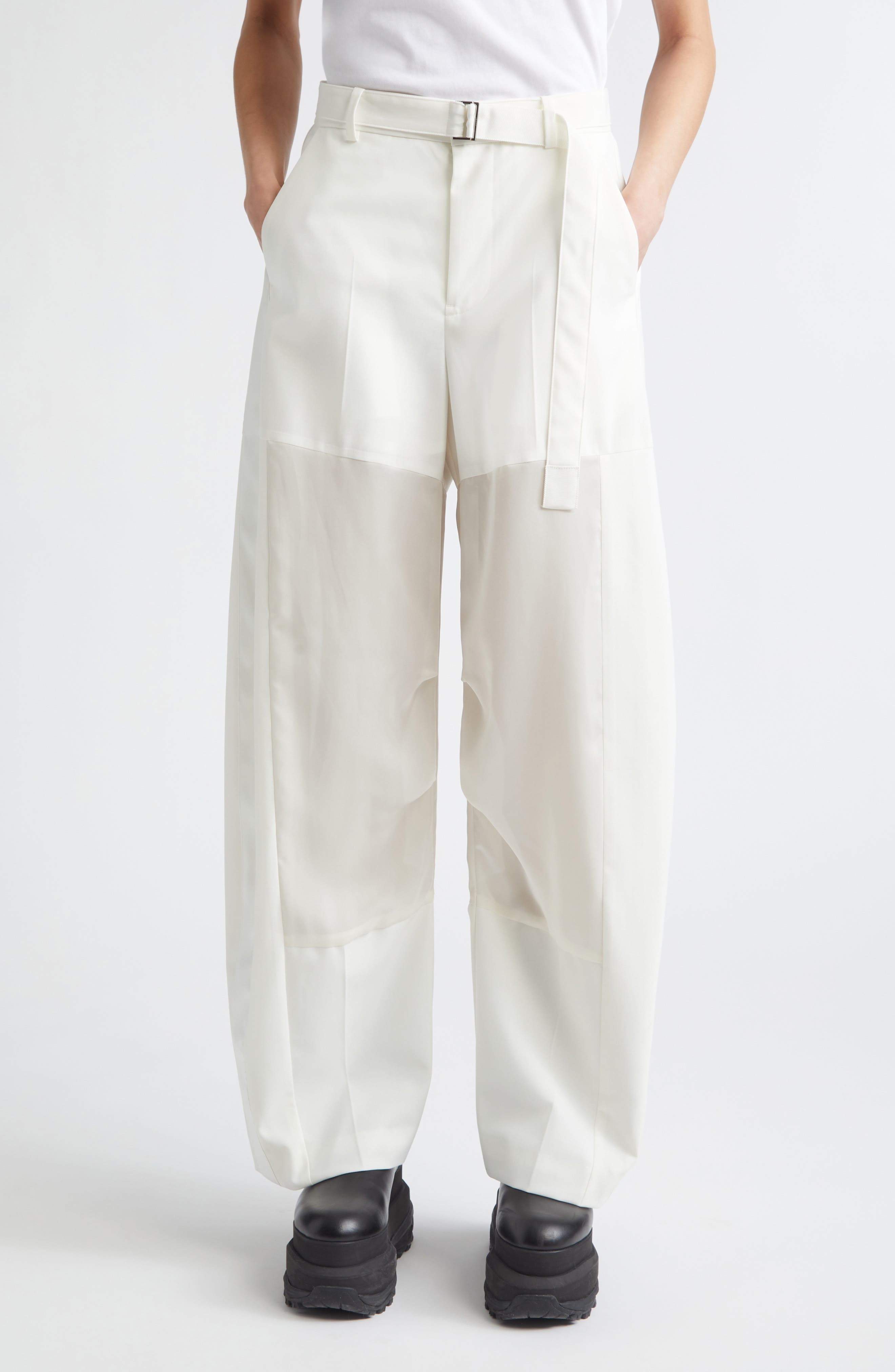 Belted Wool Suiting & Satin Barrel Leg Pants - image 3