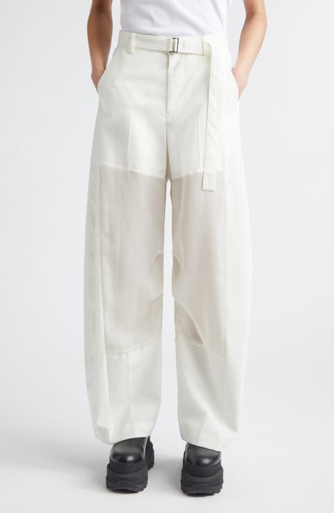 Belted Wool Suiting & Satin Barrel Leg Pants