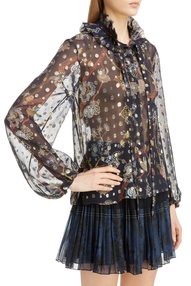 Floral Tie Neck Bishop Sleeve Silk Chiffon Blouse, Alternate, color, MULTICOLOR BLUE 1
