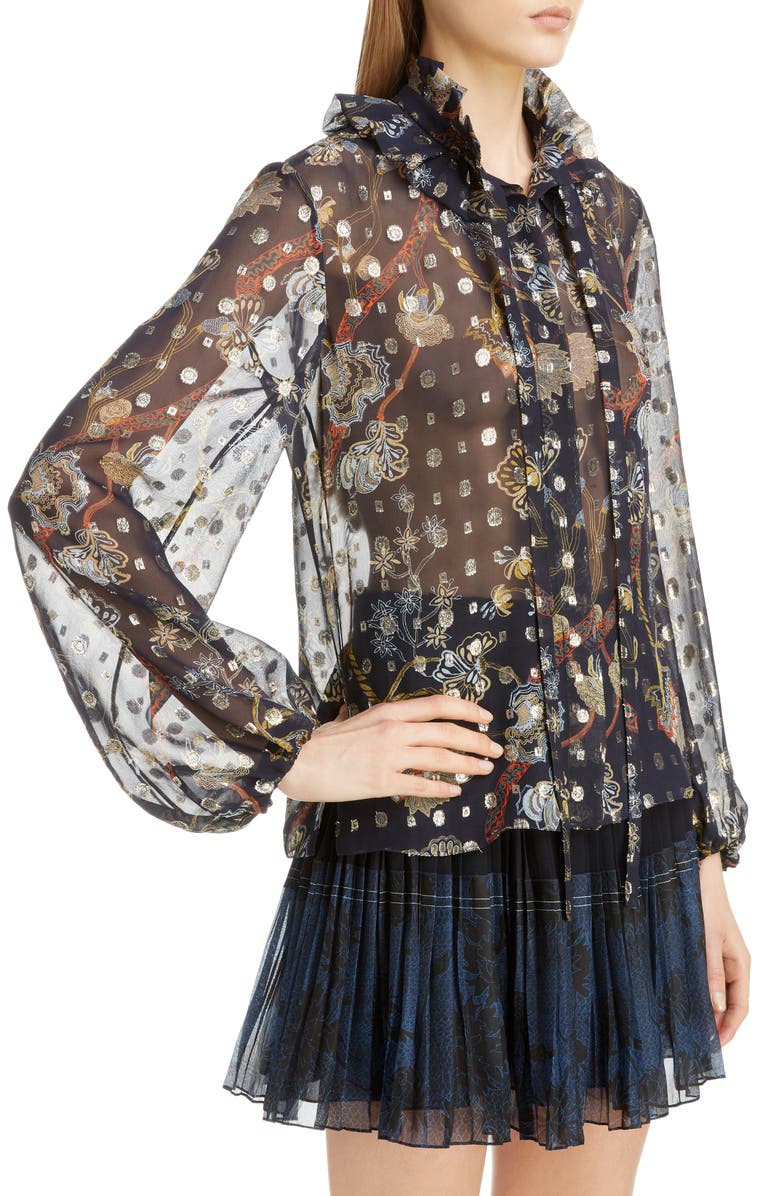 Chloé Floral Tie Neck Bishop Sleeve Silk Chiffon Blouse, Alternate, color,