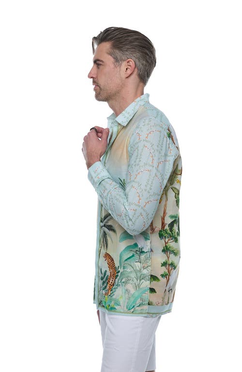Ranee's Ranees Extra Trim Fit Print Linen & Cotton Button-up Resort Shirt In Beige