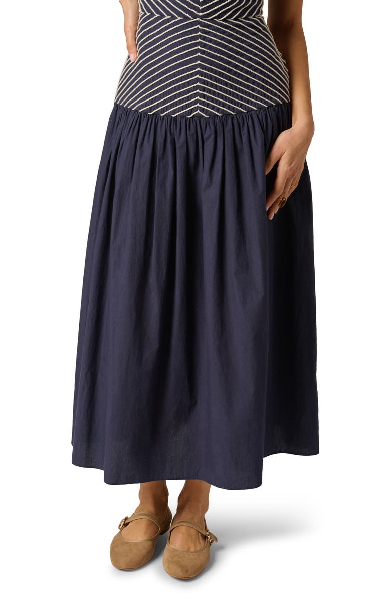 Adrianna Papell Embroidered Cutout Drop Waist Cotton Midi Dress, Alternate, color, Navy/ Ivory