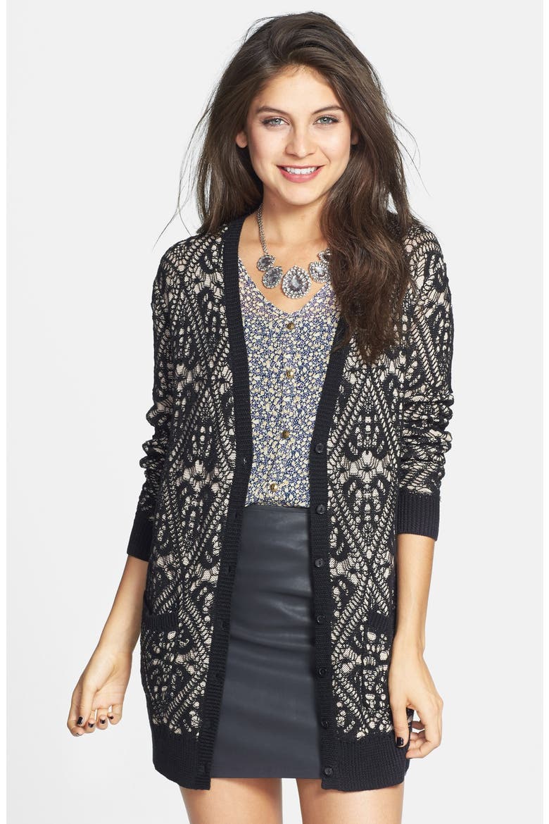 Frenchi® Lace Pattern Long Cardigan, Main, color, BLACK LACE JACQUARD