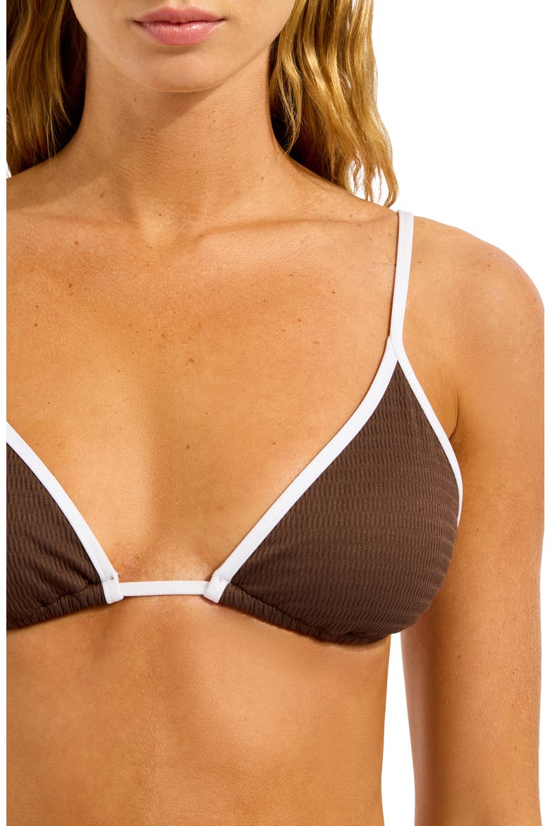 Contrast Binding Textured Triangle Bikini Top, Alternate, color, DARK CHOCOLATE