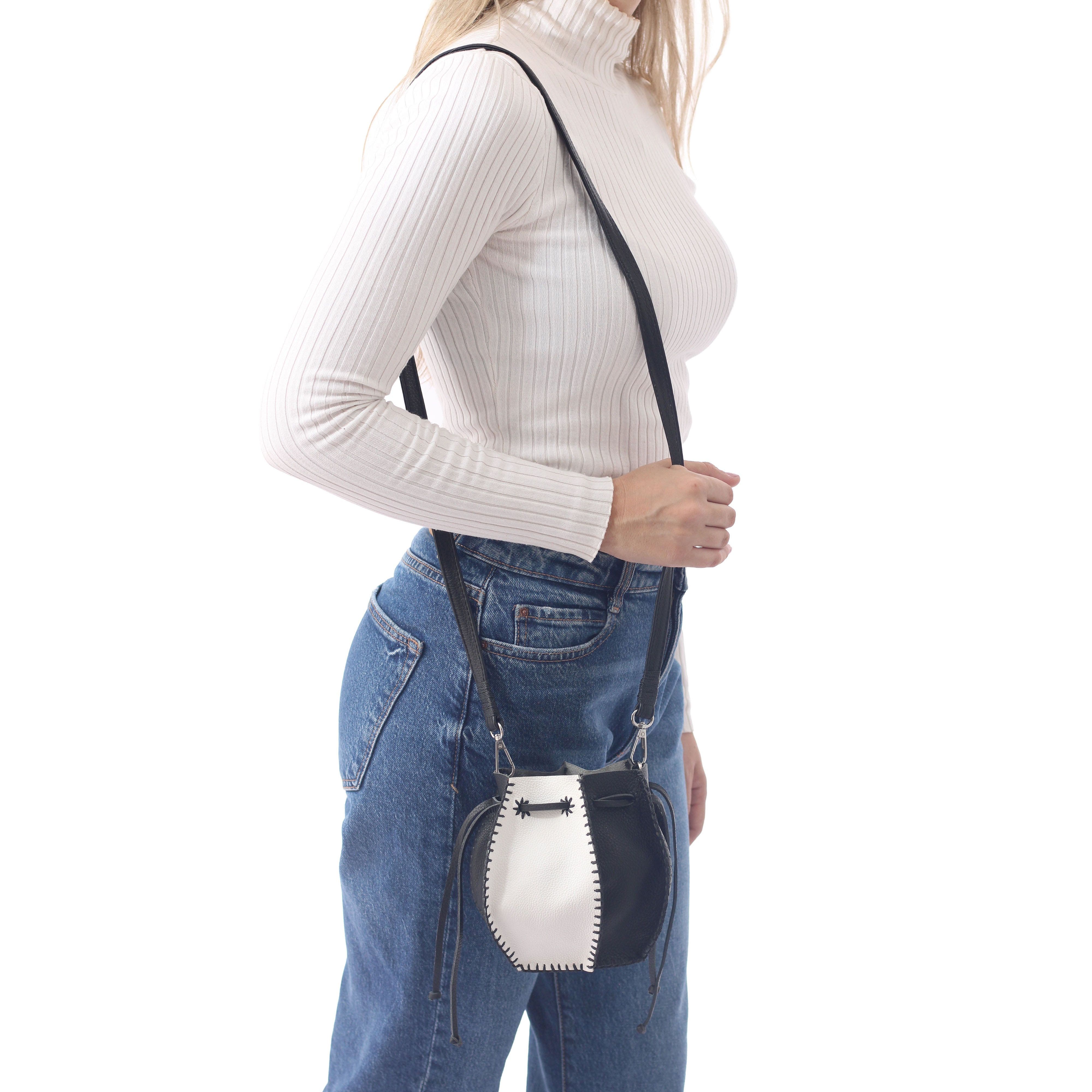 Mini Bucket Pouch Leather Bag, Alternate, color, Black White