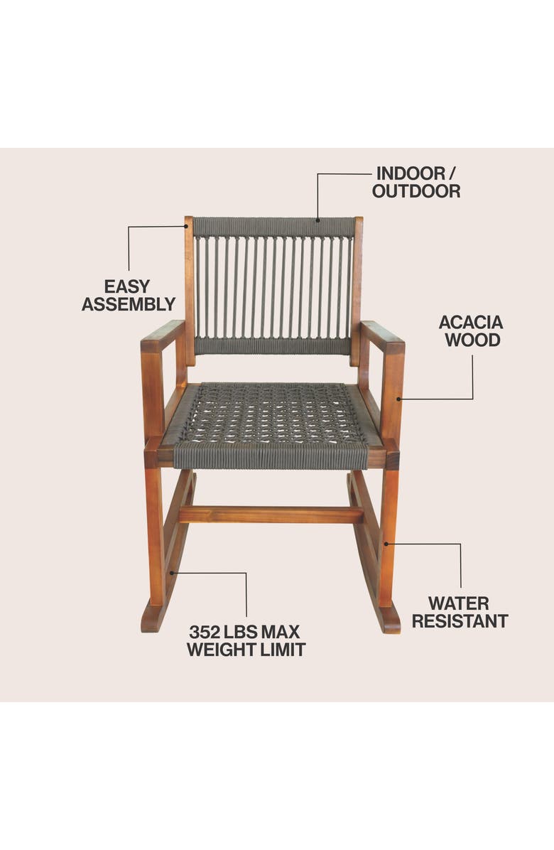 JONATHAN Y Laguna Coastal Casual 352-LBS Support Acacia Wood and Woven Rope Outdoor Rocking Chair, Alternate, color, Brown