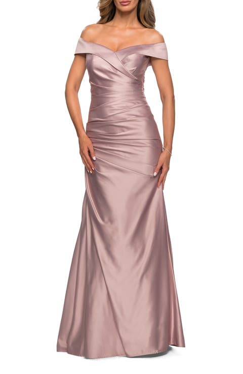 Off the Shoulder Satin Evening Dress with Pleating