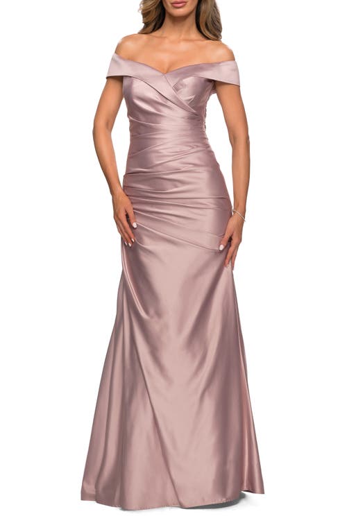 La Femme Off the Shoulder Satin Evening Dress with Pleating in Champagne 