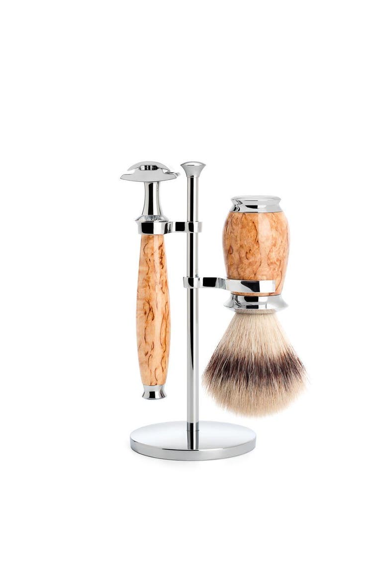 Purist Karelian Masur Birch 3-Piece Silvertip Fiber & Safety Razor Shaving Set, Main, color, Masur Birch