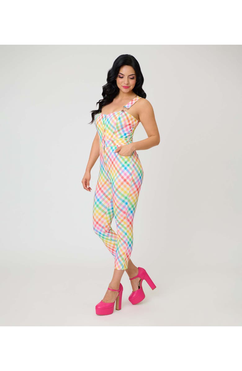 Unique Vintage 1970s Eartha Jumpsuit, Alternate, color, White Rainbow Gingham