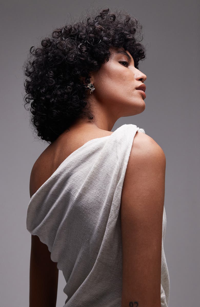 Topshop Twist Shoulder Asymmetric Woven Top, Alternate, color, Beige