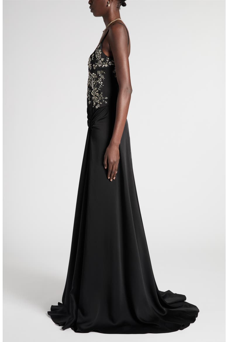 Embellished Draped Crepe Gown, Alternate, color, BLACK