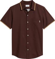 MAVRANS Espresso Crochet Trim Short Sleeve Button-Up Shirt