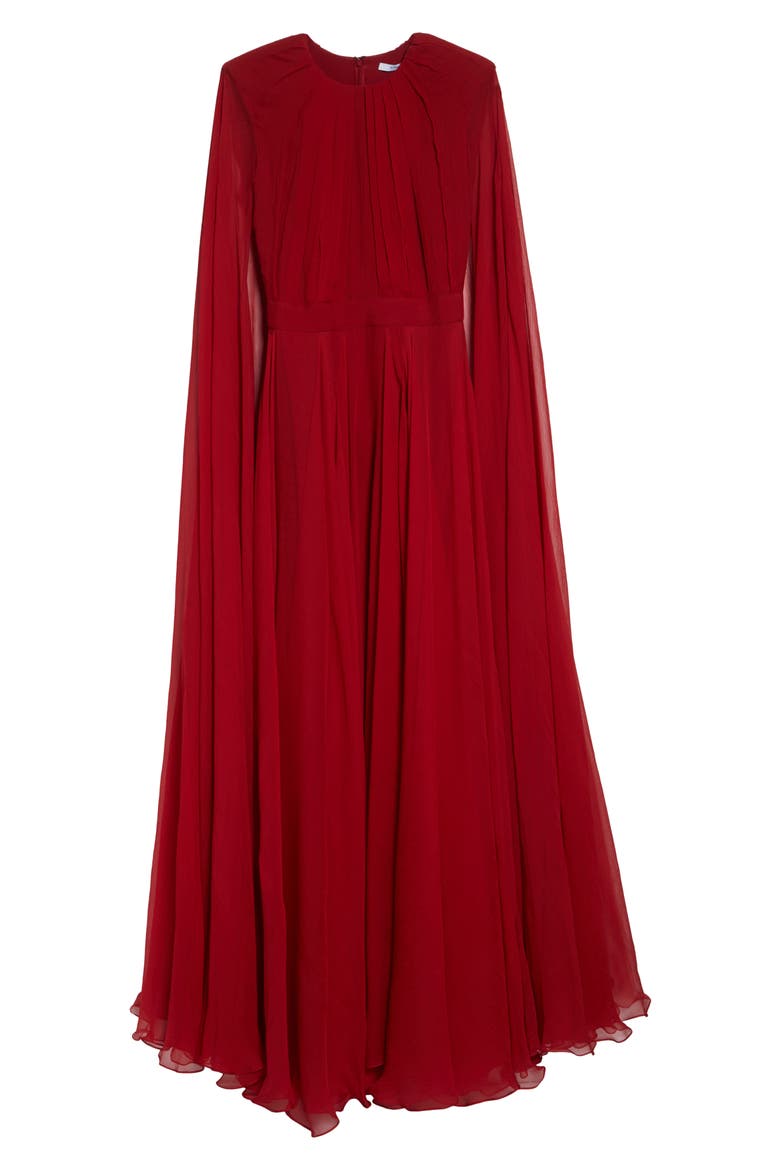 Long Sleeve Silk Crepon Cape Gown, Alternate, color, DARK RED