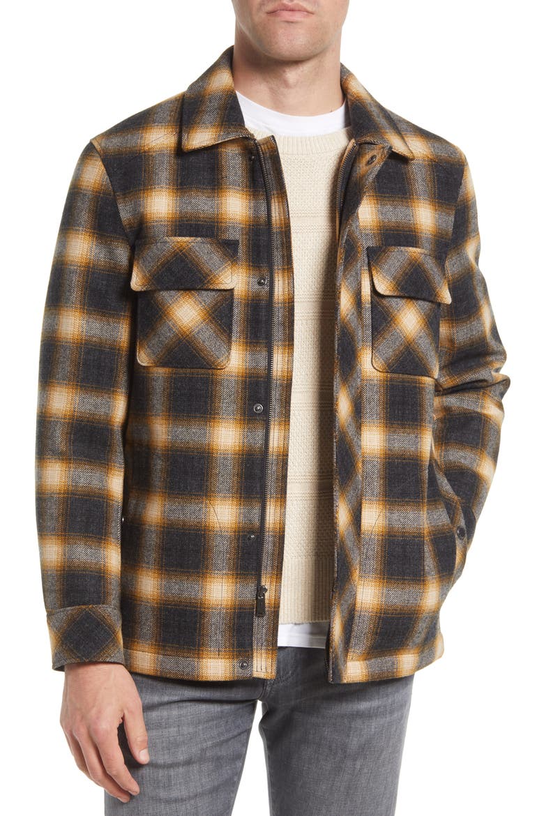 Boulder Plaid Water Resistant Wool Blend Shirt Jacket, Main, color, CHARCOAL CAMEL PLAID