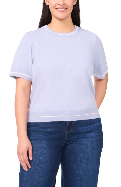 Tipped Short Sleeve Cotton Sweater (Plus)