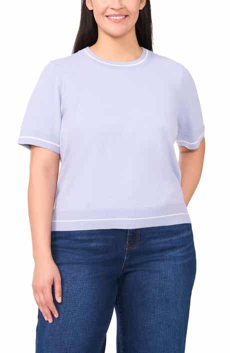 CeCe Tipped Short Sleeve Cotton Sweater