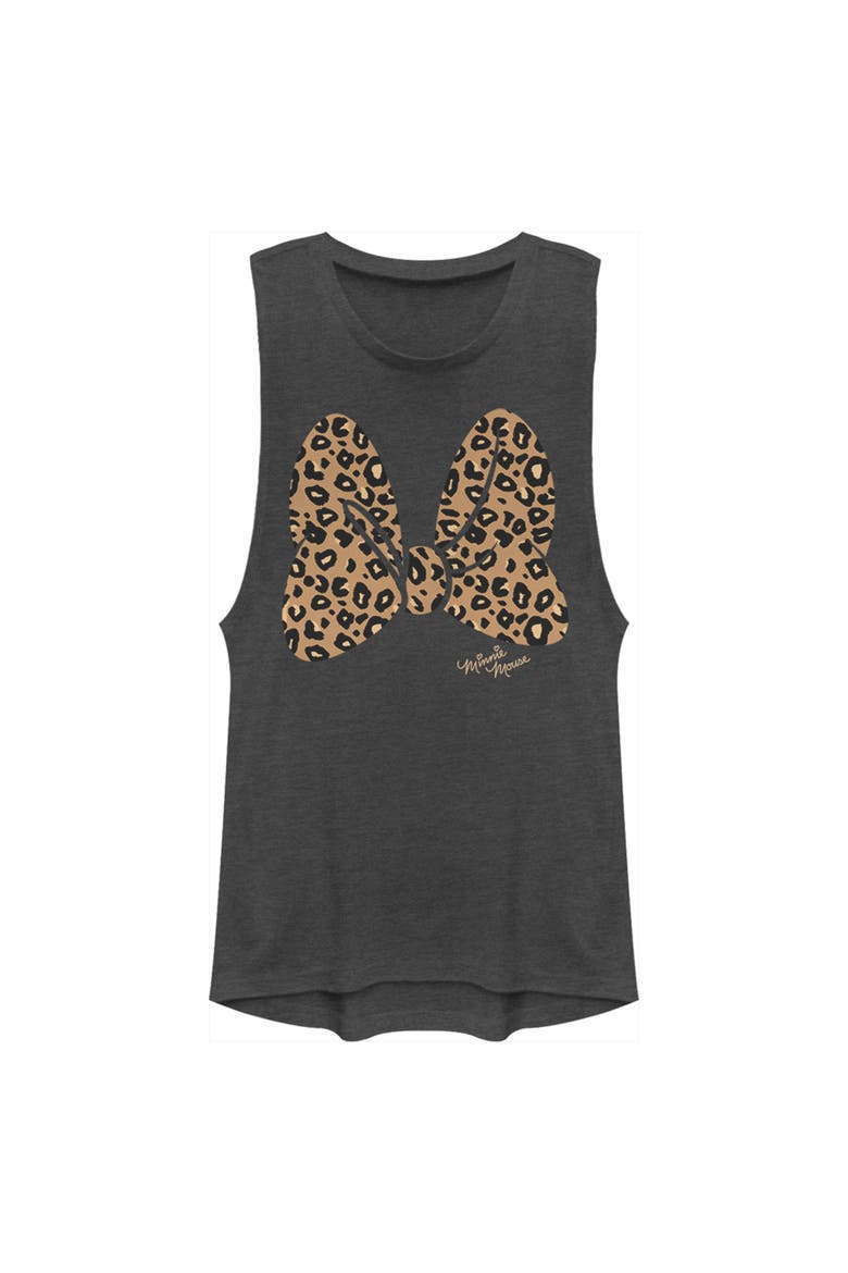 Junior's Cheetah Print Minnie Mouse Bow Festival Muscle Graphic T-Shirt, Main, color, Charcoal