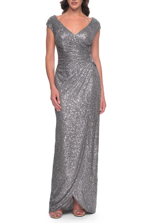 La Femme Sequin Evening Dress With Ruching And V Neckline In Silver