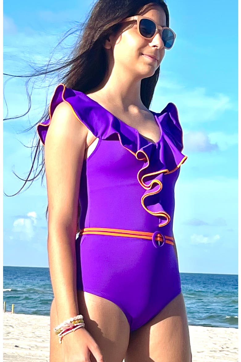 Kids' Vibrant Ruffle with Belt Detail One-Piece Swimsuit, Alternate, color, Blue