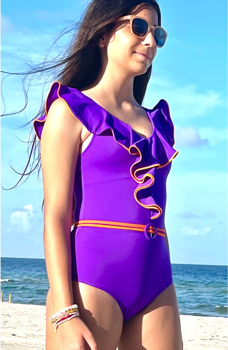 NESSI BYRD Kids' Vibrant Ruffle with Belt Detail One-Piece Swimsuit, Alternate, color, Blue