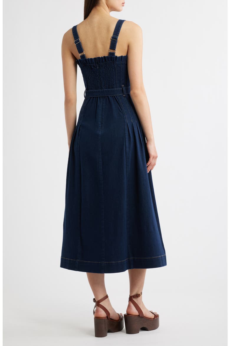 Pleated Belted Cotton Blend Denim Midi Dress, Alternate, color, INDIGO