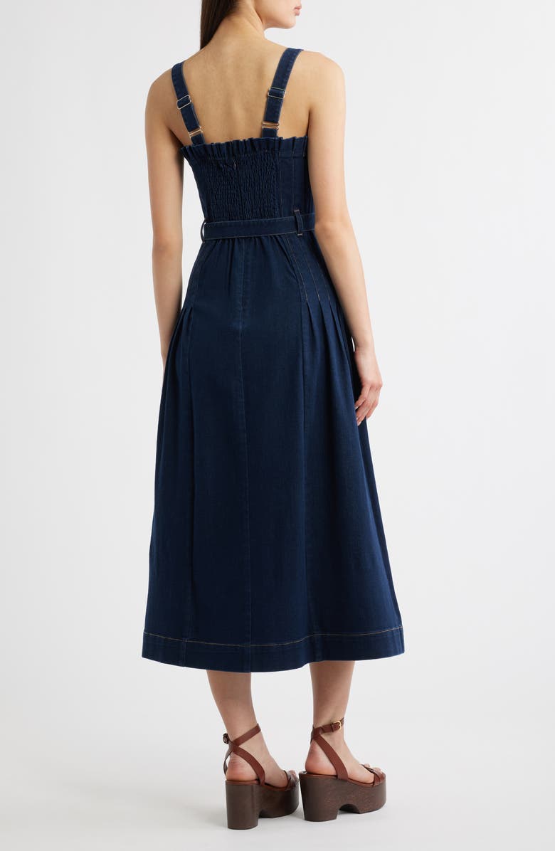 MOON RIVER Pleated Belted Cotton Blend Denim Midi Dress, Alternate, color, Indigo