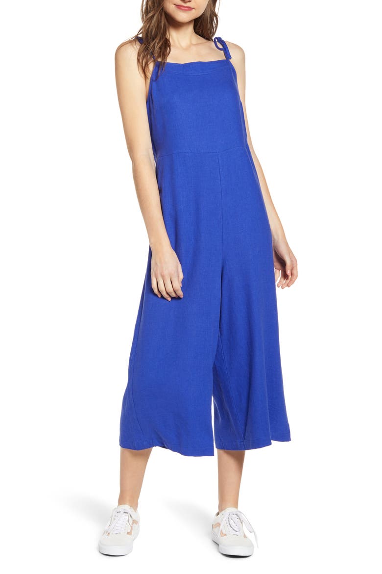 Square Neck Linen Blend Crop Wide Leg Jumpsuit, Main, color, BLUE CLEMATIS