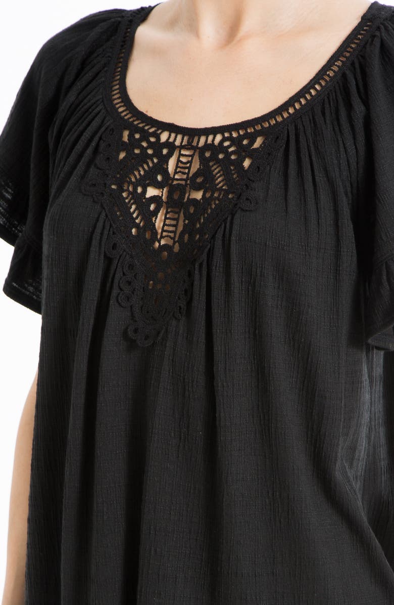 MAX STUDIO Flutter Sleeve Crochet Top, Alternate, color, Black-Black