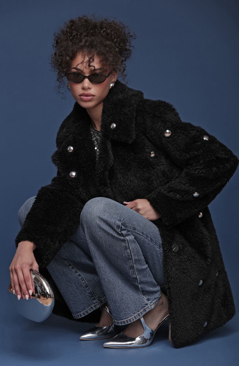 Avec Les Filles Stud Detail Faux Fur Coat, Alternate, color, Black-Silver Studded