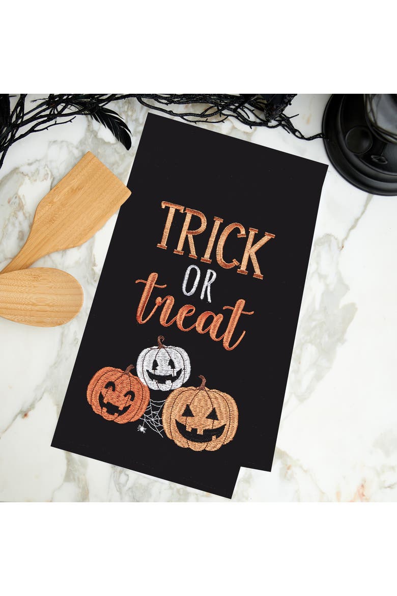 Trick Or Treat Pumpkins Embroidered Woven Halloween Kitchen Towel, Alternate, color, Black