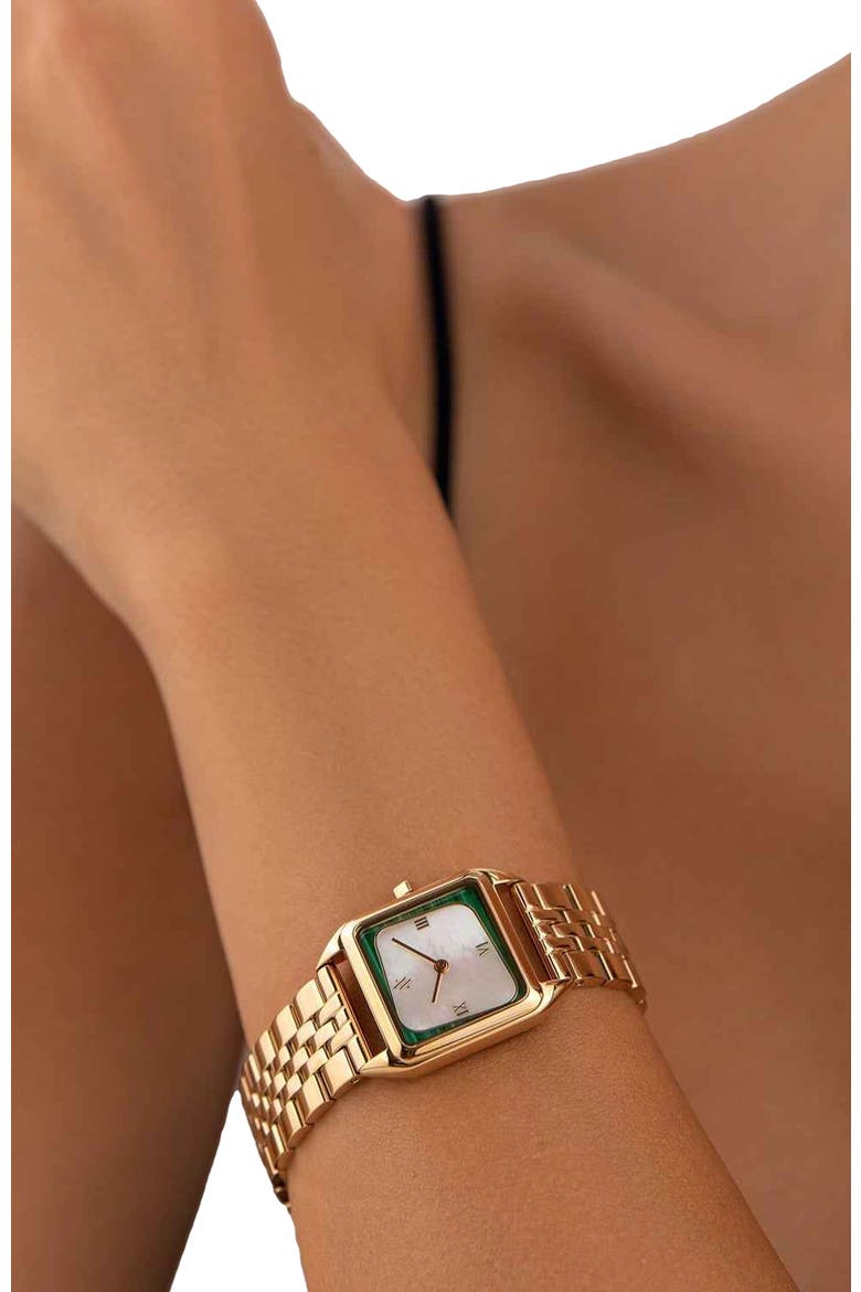 Geminus Double-Gemstone Watch, Alternate, color, White Pearl/Malachite-Gold