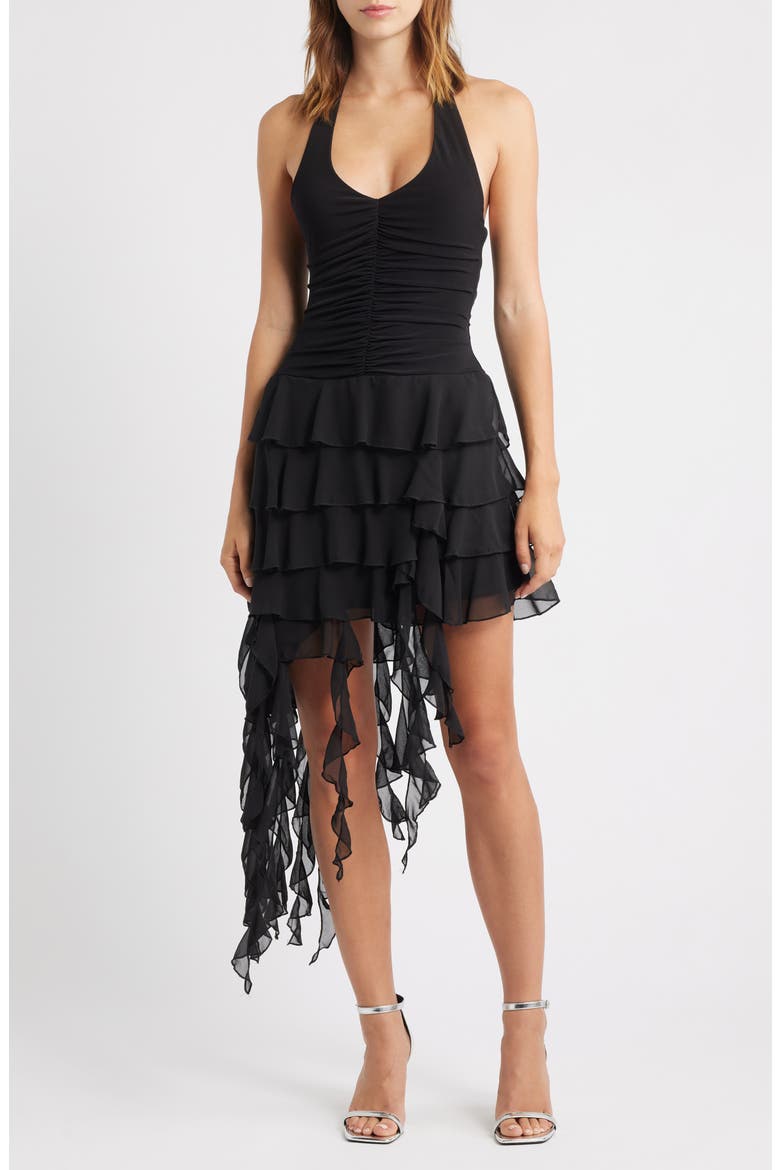 Ity Asymmetric Tiered Ruffle Halter Minidress, Main, color, BLACK