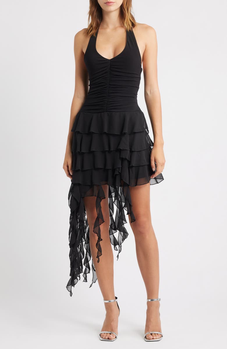 Emerald Sundae Ity Asymmetric Tiered Ruffle Halter Minidress, Main, color, Black