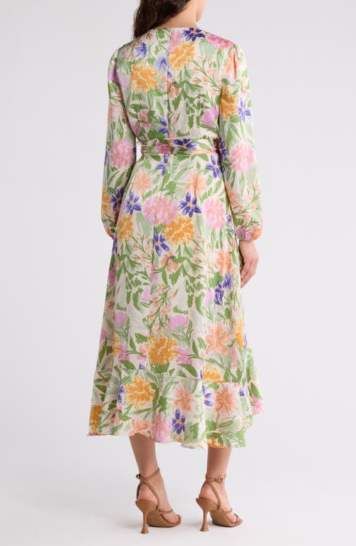TAHARI ASL TAHARI ASL FLORAL SATIN LONG SLEEVE FAUX WRAP MIDI DRESS