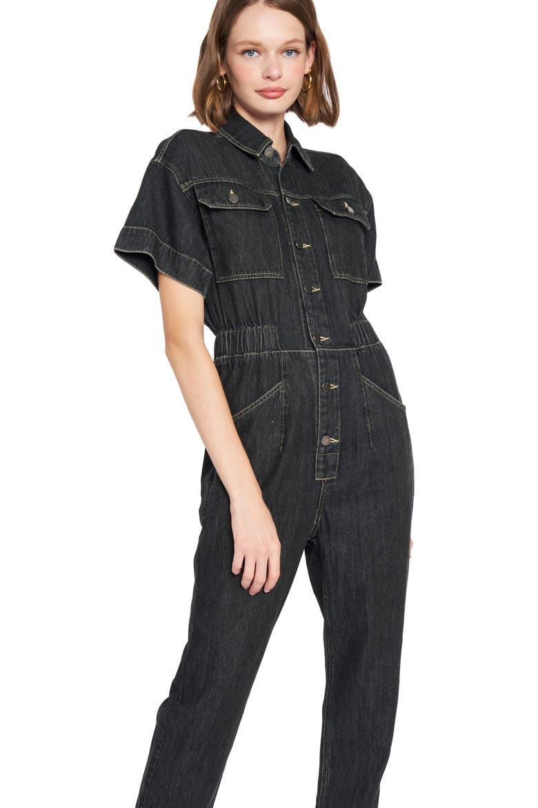 Short Sleeve Cotton Denim Jumpsuit, Alternate, color, BLACK