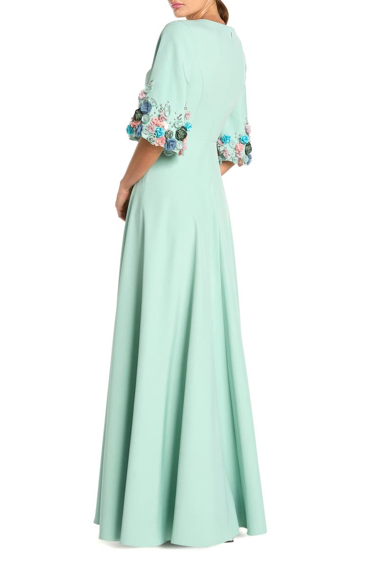 Stretch Satin Elbow Sleeve Gown With Flower Trim, Alternate, color, Sage