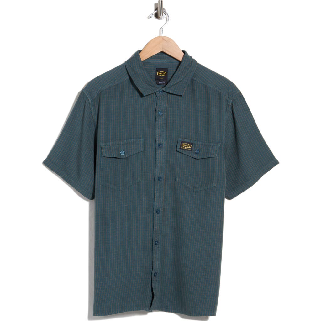Rvca Exotica Stripe Short Sleeve Button-up Shirt In Duck Blue