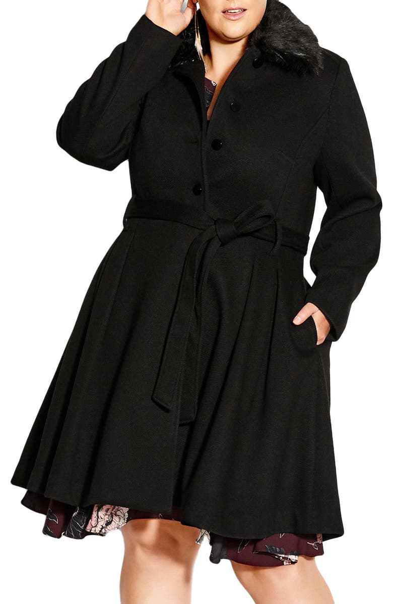 City Chic Rosemary Faux Fur Collar Coat, Main, color, Black