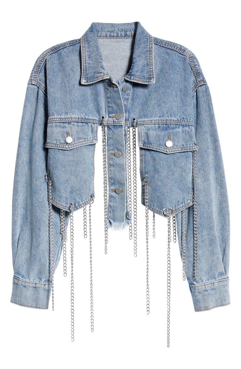 AZALEA WANG Chain Fringe Crop Denim Jacket, Alternate, color, 