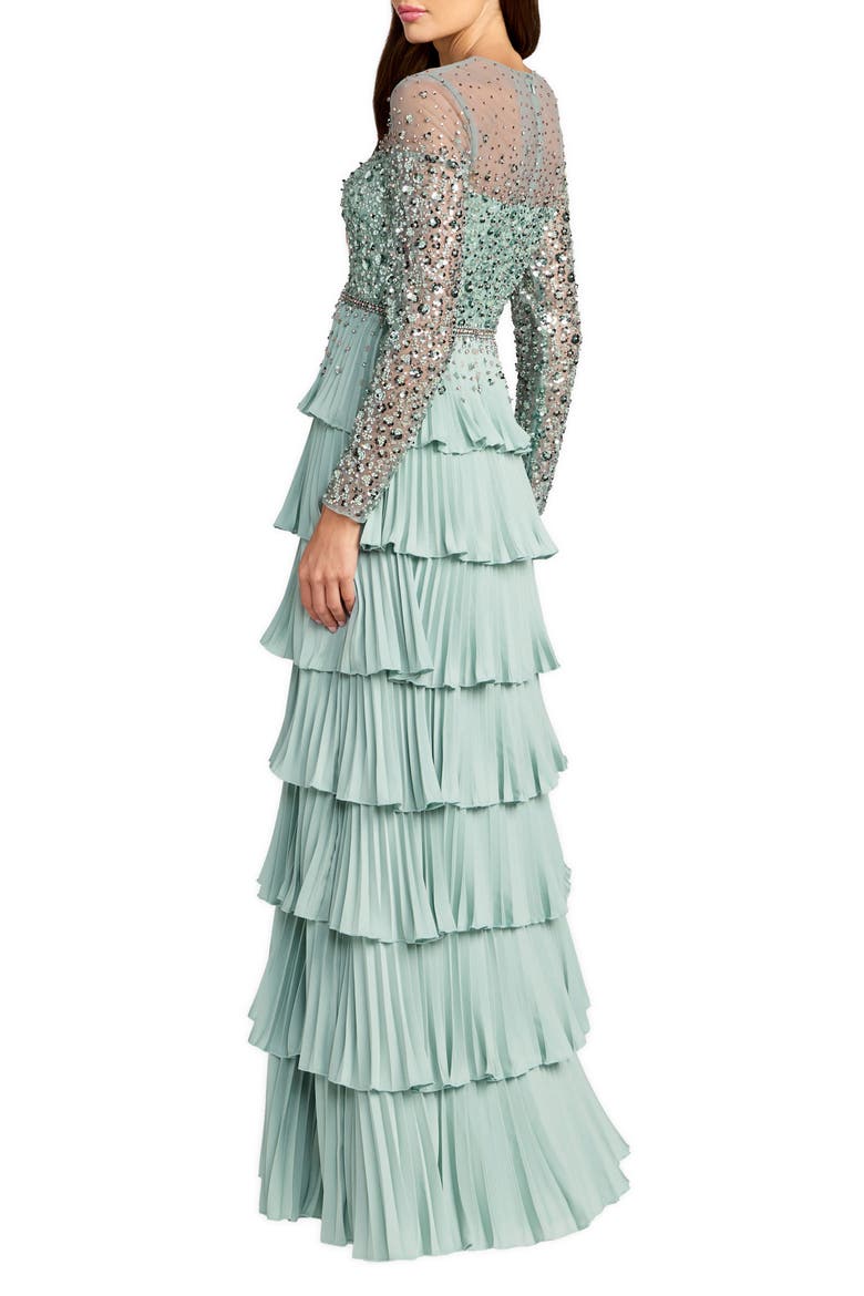 Crepe Ruffled Long Sleeve Evening Gown with Beaded Mesh Top, Alternate, color, Sage