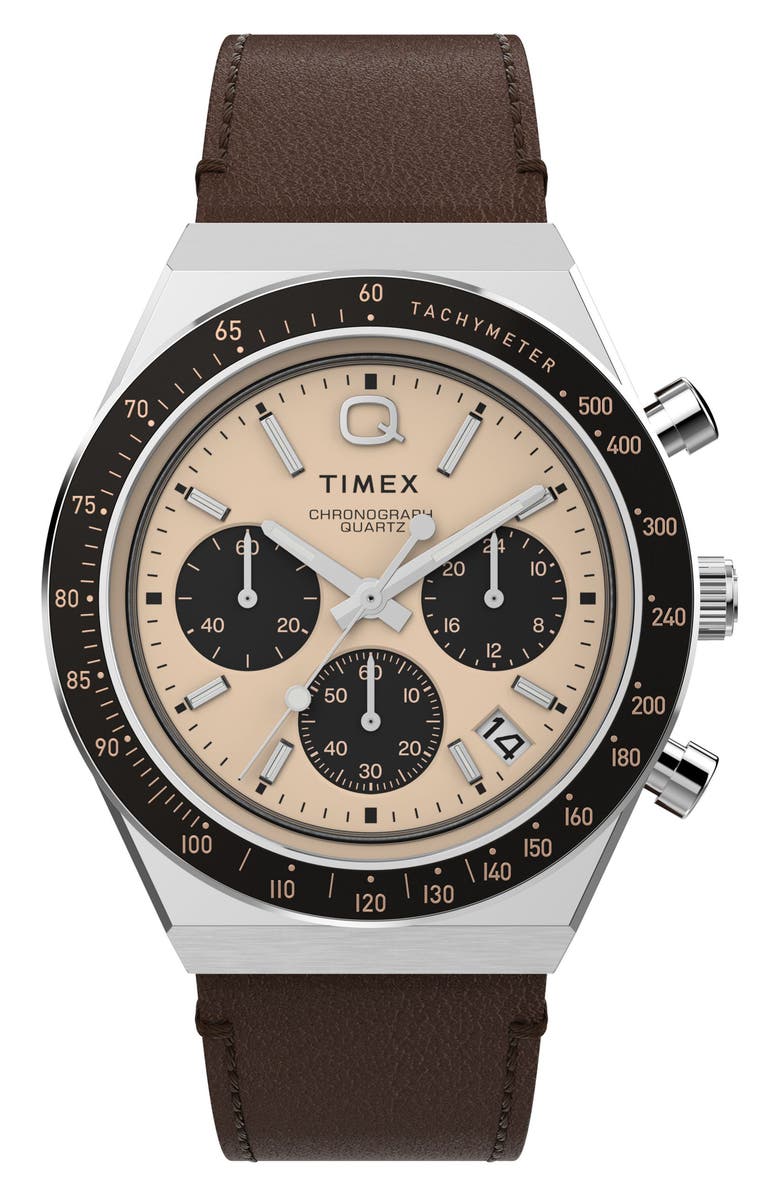 Timex<sup>®</sup> Q Timex Chronograph Leather Strap Watch, 40mm, Main, color,