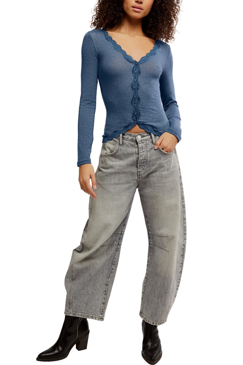 Big Love Lace Trim Knit Button-Up Top, Alternate, color, OCEAN HEATHER