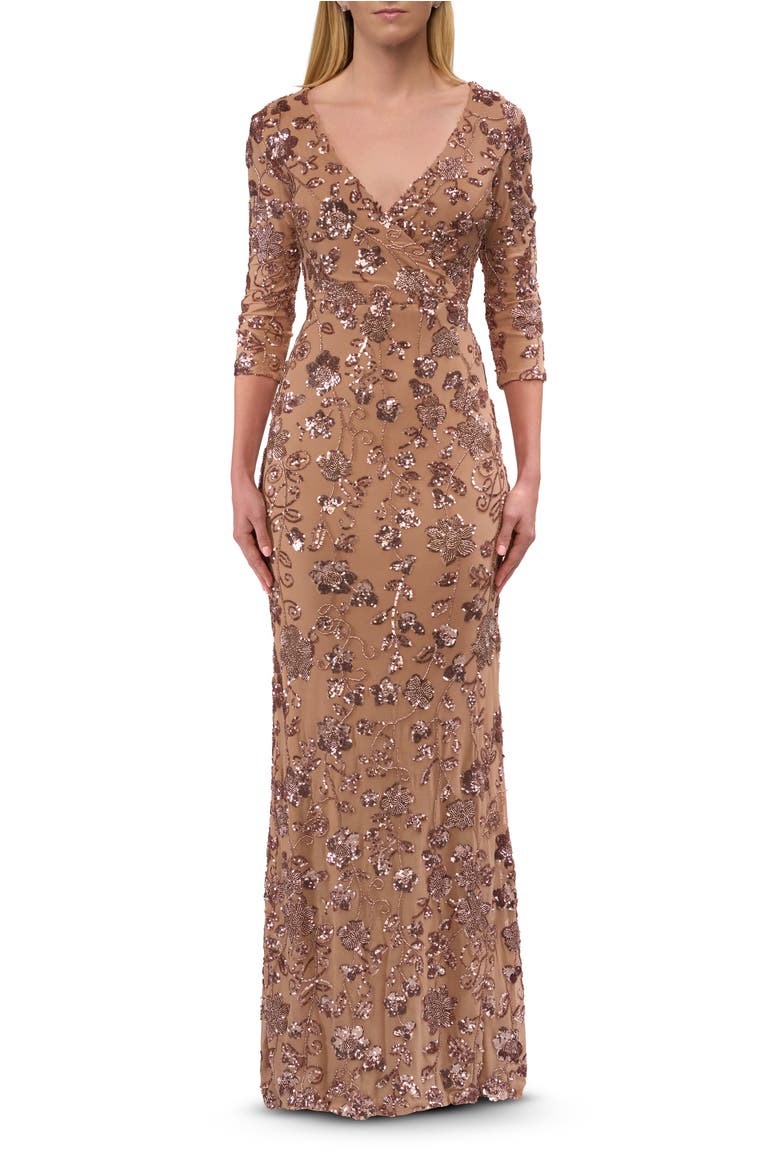 Beaded Fitted Gown with a Stretch Fabric and V Neckline, Main, color, Cocoa