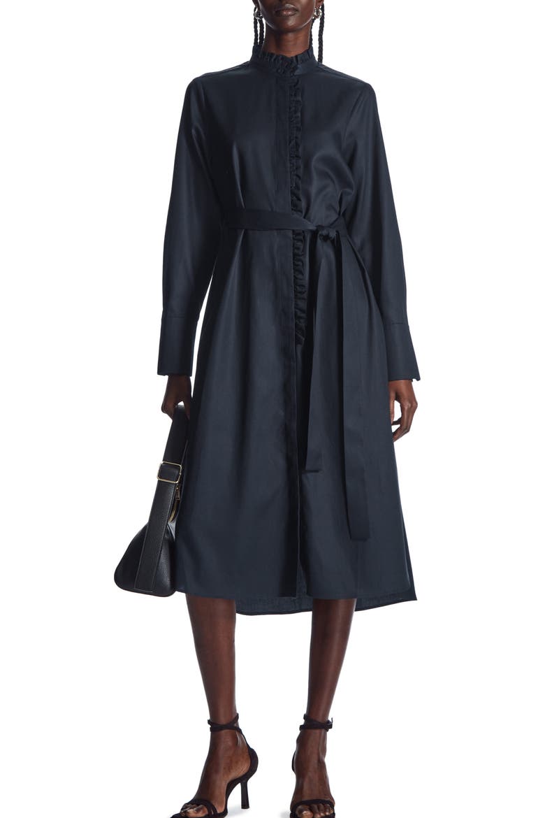 Ruffle Long Sleeve Tencel® Lyocell & Cotton Shirtdress, Main, color, BLUE DARK